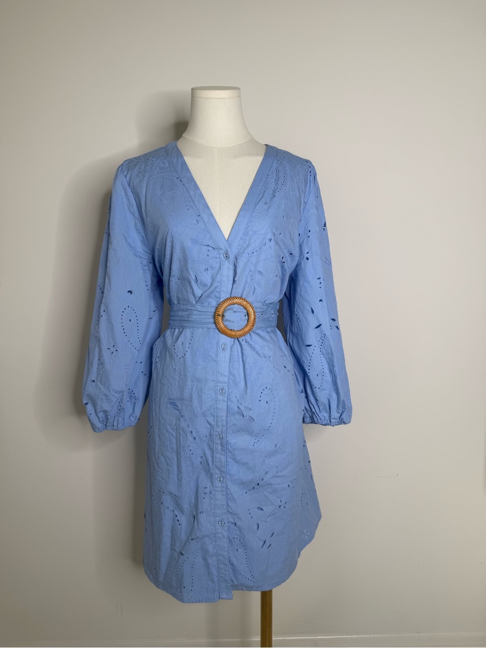 Zara Sky Blue Eyelet Belted Midi Dress